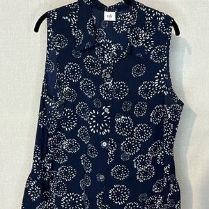 CAbi Dark Blue and White Sleeveless Button Down Shirt